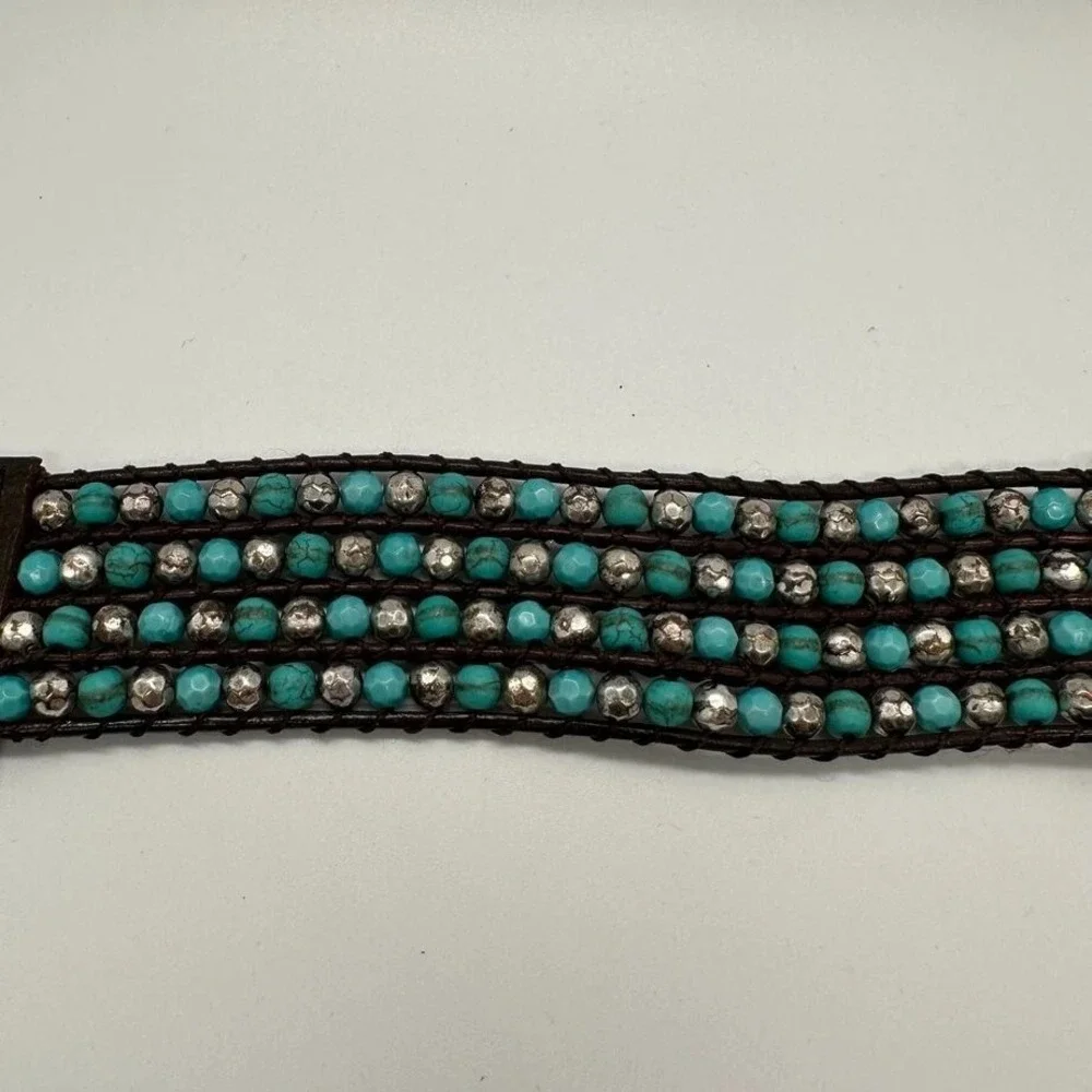 Fik Yung Boho Turquoise‎ Silver Tone Beaded Wrap Bracelet Brown Leather Snap
